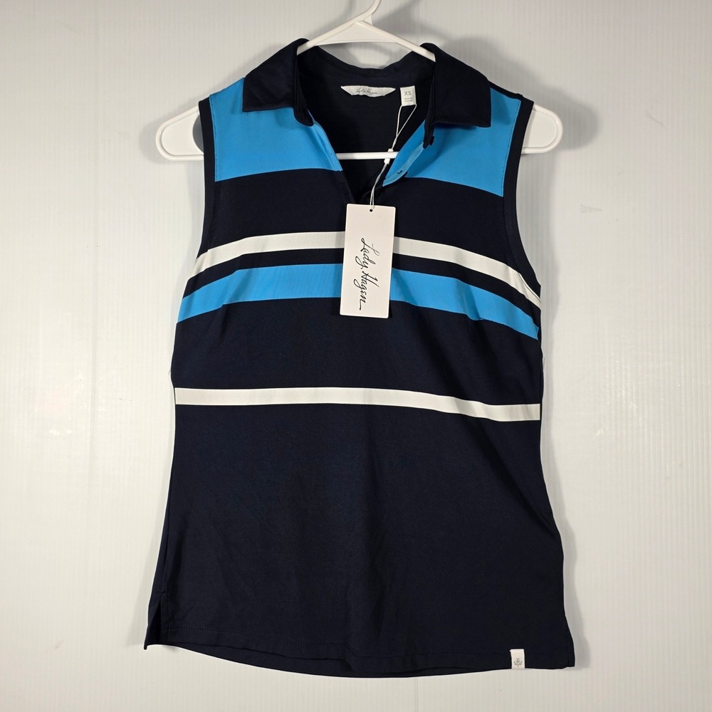 Lady Hagen Womens XS Sleeveless Golf Polo Shirt Blue Black Stripe V-Neck TankNEW